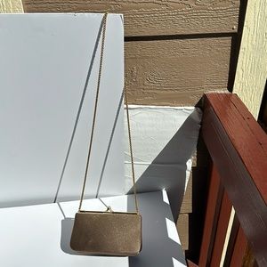 Vintage RODO Italy Evening Bag Purse Bronze Satin Clutch Gold Chain Crystal